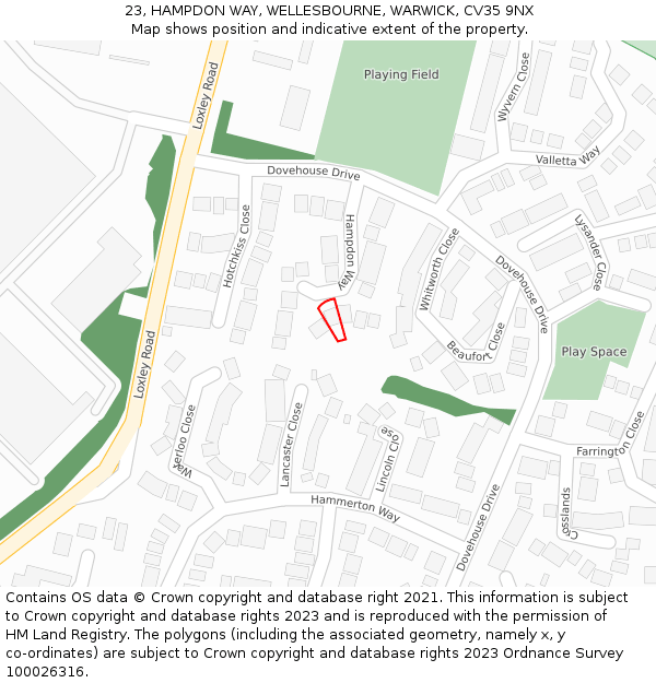 23, HAMPDON WAY, WELLESBOURNE, WARWICK, CV35 9NX: Location map and indicative extent of plot