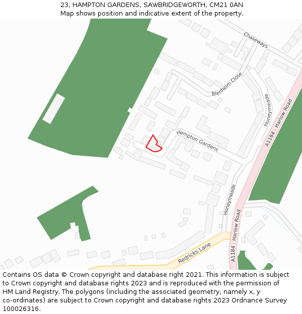 23, HAMPTON GARDENS, SAWBRIDGEWORTH, CM21 0AN: Location map and indicative extent of plot