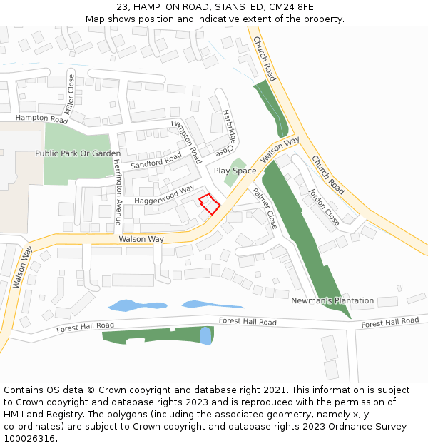 23, HAMPTON ROAD, STANSTED, CM24 8FE: Location map and indicative extent of plot