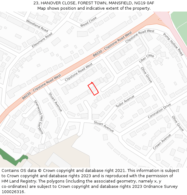 23, HANOVER CLOSE, FOREST TOWN, MANSFIELD, NG19 0AF: Location map and indicative extent of plot