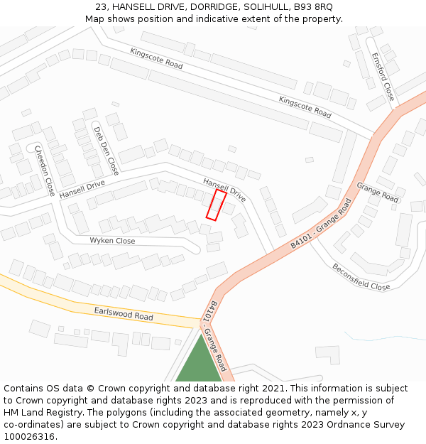 23, HANSELL DRIVE, DORRIDGE, SOLIHULL, B93 8RQ: Location map and indicative extent of plot