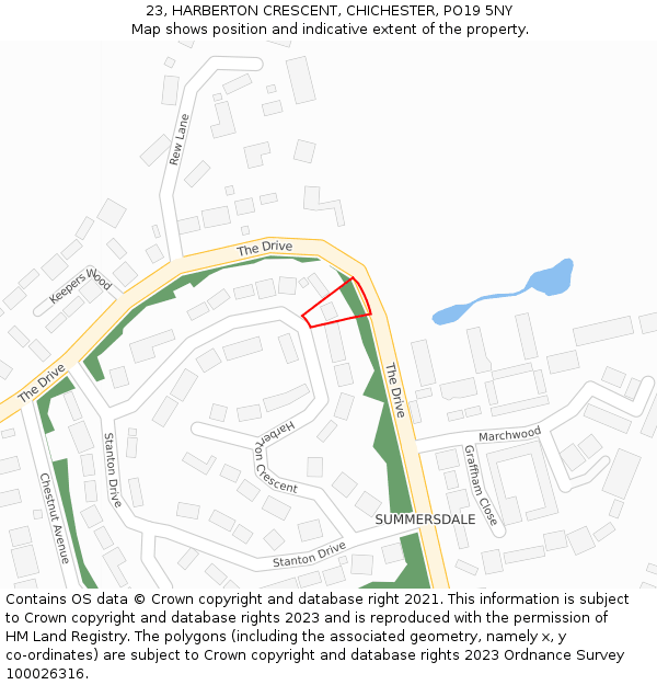 23, HARBERTON CRESCENT, CHICHESTER, PO19 5NY: Location map and indicative extent of plot