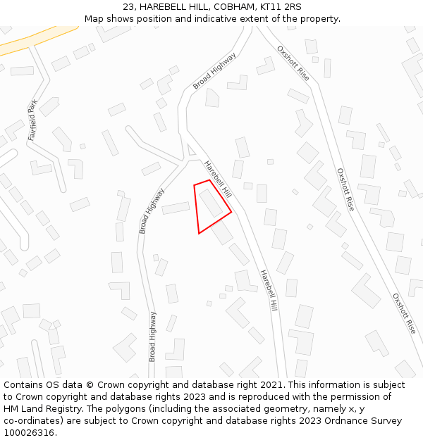 23, HAREBELL HILL, COBHAM, KT11 2RS: Location map and indicative extent of plot