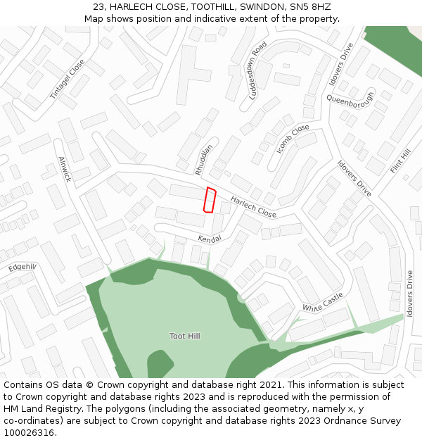 23, HARLECH CLOSE, TOOTHILL, SWINDON, SN5 8HZ: Location map and indicative extent of plot