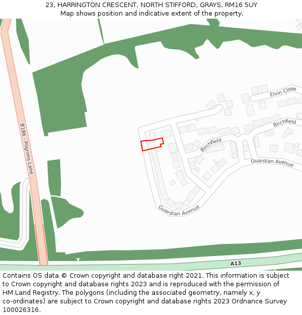 23, HARRINGTON CRESCENT, NORTH STIFFORD, GRAYS, RM16 5UY: Location map and indicative extent of plot