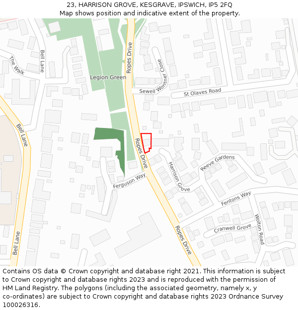 23, HARRISON GROVE, KESGRAVE, IPSWICH, IP5 2FQ: Location map and indicative extent of plot