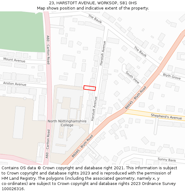 23, HARSTOFT AVENUE, WORKSOP, S81 0HS: Location map and indicative extent of plot