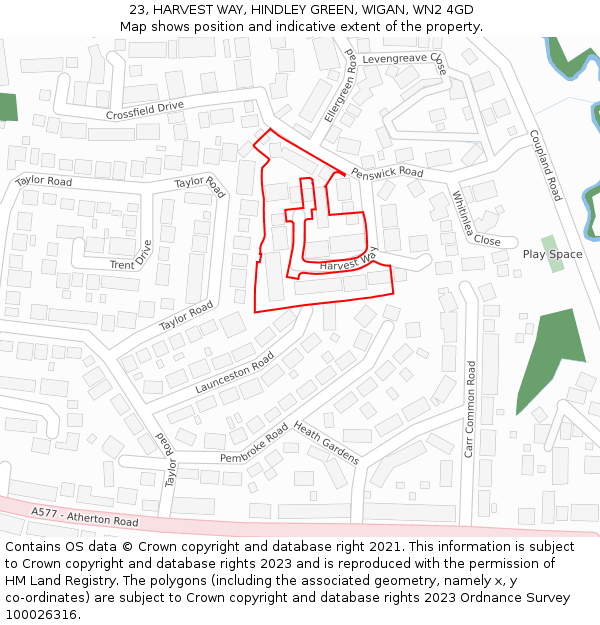 23, HARVEST WAY, HINDLEY GREEN, WIGAN, WN2 4GD: Location map and indicative extent of plot