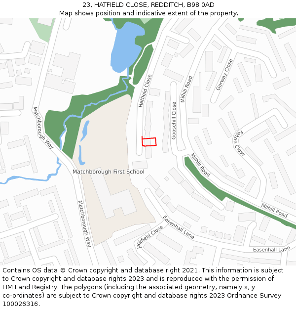 23, HATFIELD CLOSE, REDDITCH, B98 0AD: Location map and indicative extent of plot