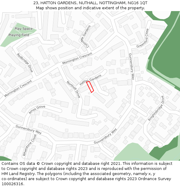 23, HATTON GARDENS, NUTHALL, NOTTINGHAM, NG16 1QT: Location map and indicative extent of plot