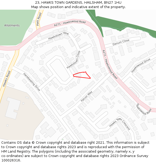 23, HAWKS TOWN GARDENS, HAILSHAM, BN27 1HU: Location map and indicative extent of plot