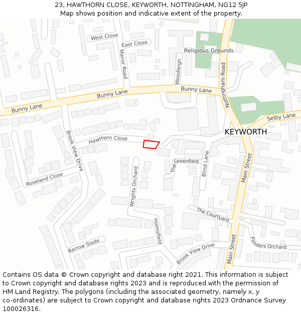 23, HAWTHORN CLOSE, KEYWORTH, NOTTINGHAM, NG12 5JP: Location map and indicative extent of plot