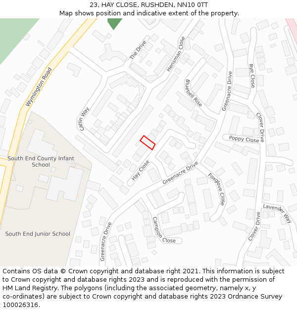 23, HAY CLOSE, RUSHDEN, NN10 0TT: Location map and indicative extent of plot