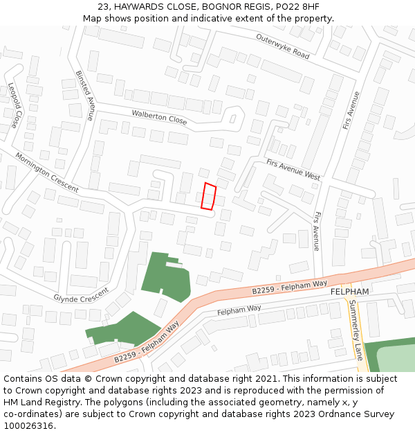 23, HAYWARDS CLOSE, BOGNOR REGIS, PO22 8HF: Location map and indicative extent of plot
