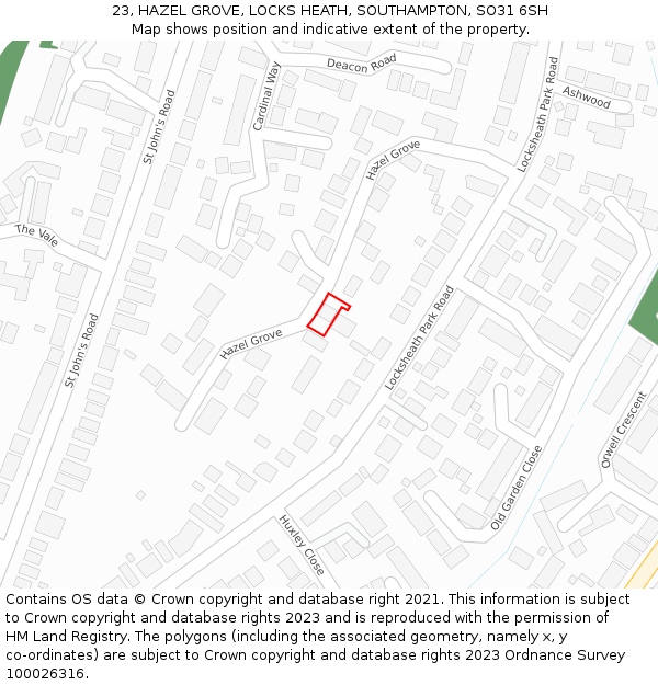 23, HAZEL GROVE, LOCKS HEATH, SOUTHAMPTON, SO31 6SH: Location map and indicative extent of plot