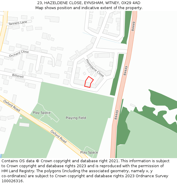 23, HAZELDENE CLOSE, EYNSHAM, WITNEY, OX29 4AD: Location map and indicative extent of plot