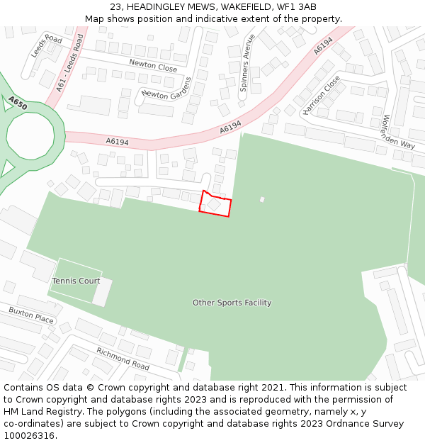 23, HEADINGLEY MEWS, WAKEFIELD, WF1 3AB: Location map and indicative extent of plot