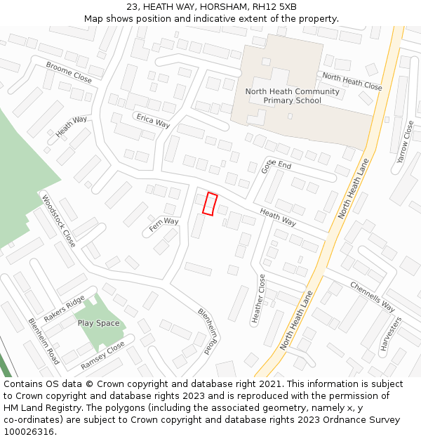 23, HEATH WAY, HORSHAM, RH12 5XB: Location map and indicative extent of plot