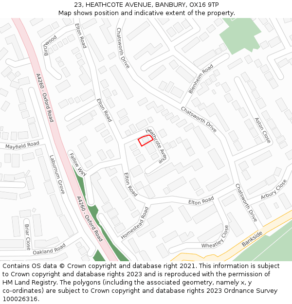 23, HEATHCOTE AVENUE, BANBURY, OX16 9TP: Location map and indicative extent of plot