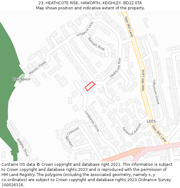 23, HEATHCOTE RISE, HAWORTH, KEIGHLEY, BD22 0TA: Location map and indicative extent of plot