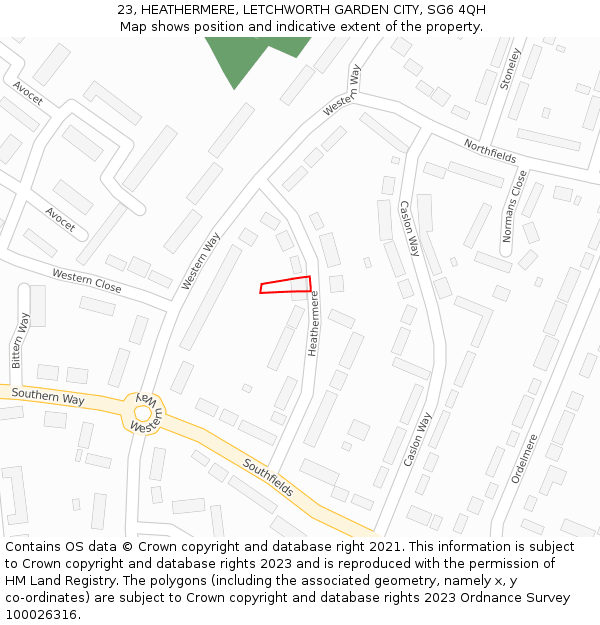 23, HEATHERMERE, LETCHWORTH GARDEN CITY, SG6 4QH: Location map and indicative extent of plot