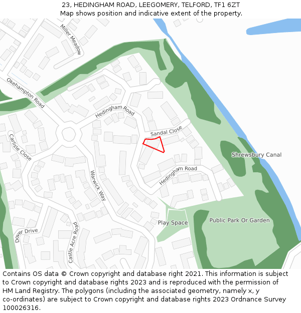 23, HEDINGHAM ROAD, LEEGOMERY, TELFORD, TF1 6ZT: Location map and indicative extent of plot