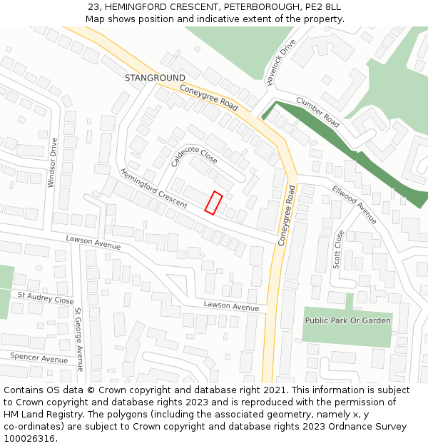 23, HEMINGFORD CRESCENT, PETERBOROUGH, PE2 8LL: Location map and indicative extent of plot