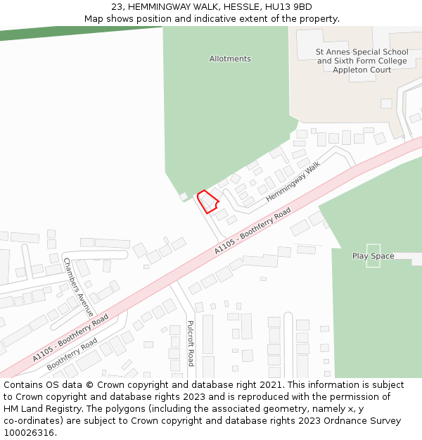 23, HEMMINGWAY WALK, HESSLE, HU13 9BD: Location map and indicative extent of plot