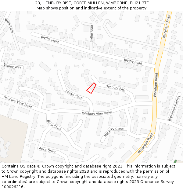 23, HENBURY RISE, CORFE MULLEN, WIMBORNE, BH21 3TE: Location map and indicative extent of plot