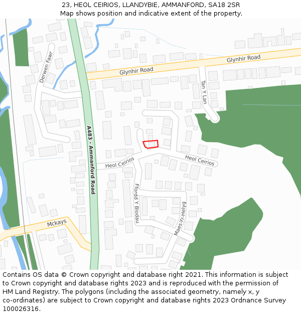 23, HEOL CEIRIOS, LLANDYBIE, AMMANFORD, SA18 2SR: Location map and indicative extent of plot