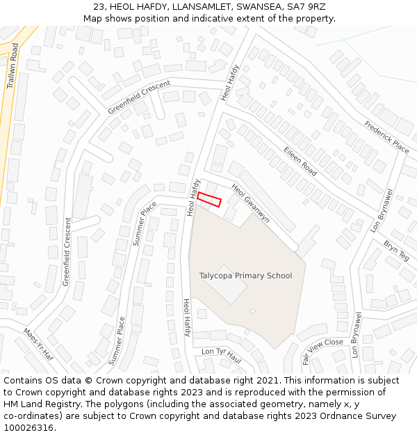 23, HEOL HAFDY, LLANSAMLET, SWANSEA, SA7 9RZ: Location map and indicative extent of plot