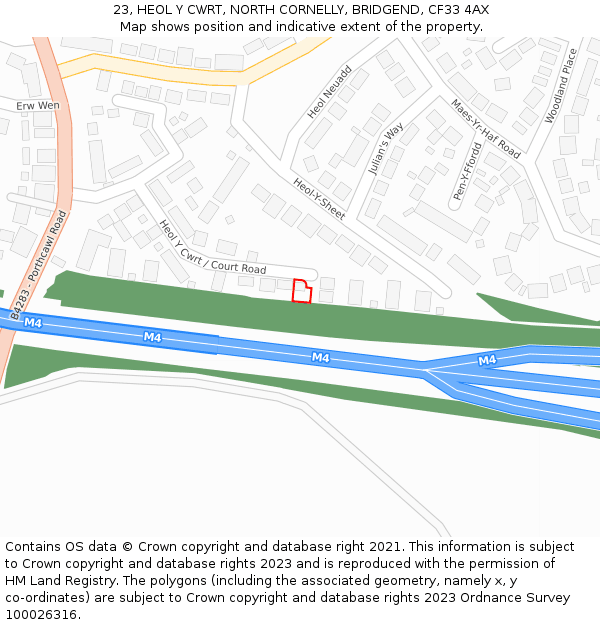 23, HEOL Y CWRT, NORTH CORNELLY, BRIDGEND, CF33 4AX: Location map and indicative extent of plot