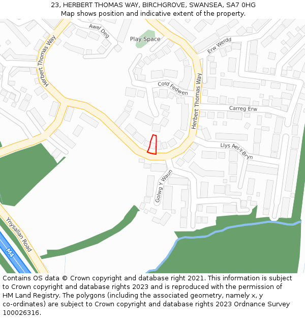 23, HERBERT THOMAS WAY, BIRCHGROVE, SWANSEA, SA7 0HG: Location map and indicative extent of plot