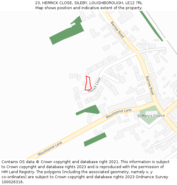 23, HERRICK CLOSE, SILEBY, LOUGHBOROUGH, LE12 7RL: Location map and indicative extent of plot