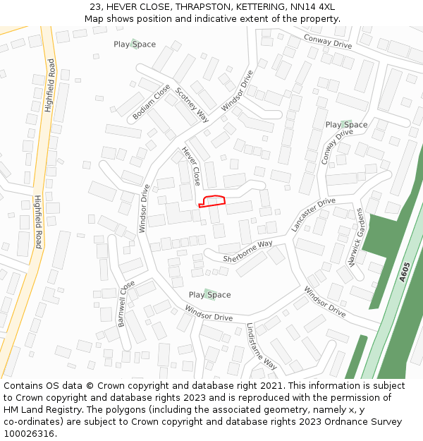 23, HEVER CLOSE, THRAPSTON, KETTERING, NN14 4XL: Location map and indicative extent of plot