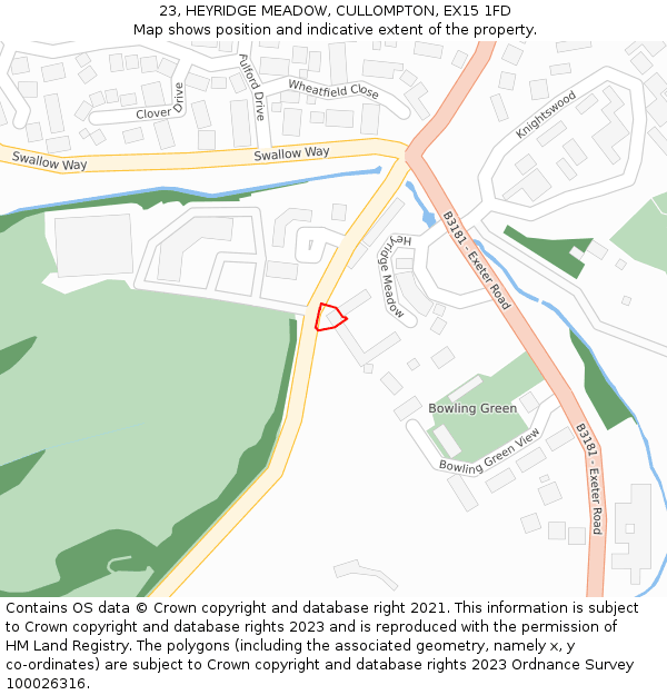 23, HEYRIDGE MEADOW, CULLOMPTON, EX15 1FD: Location map and indicative extent of plot