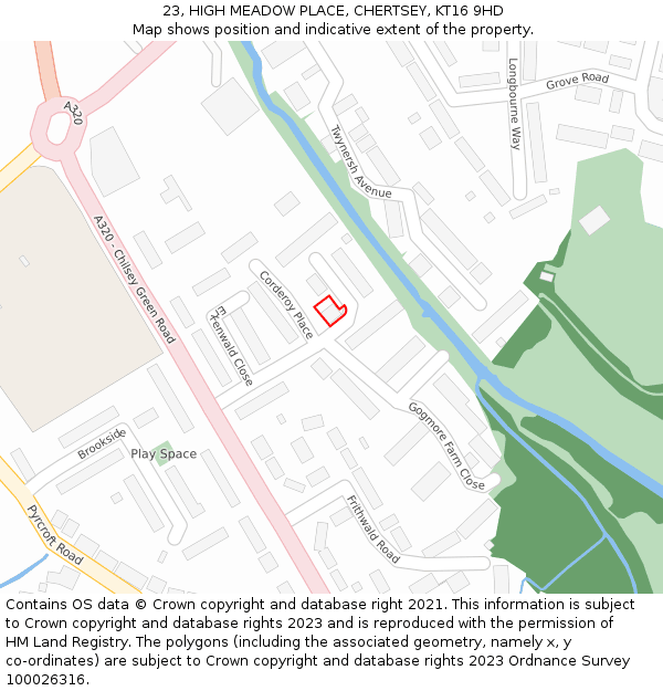 23, HIGH MEADOW PLACE, CHERTSEY, KT16 9HD: Location map and indicative extent of plot