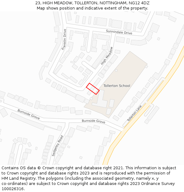 23, HIGH MEADOW, TOLLERTON, NOTTINGHAM, NG12 4DZ: Location map and indicative extent of plot