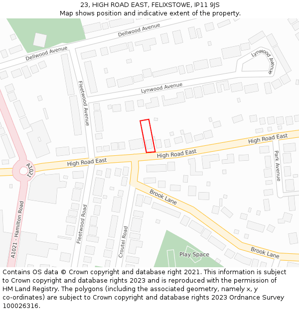 23, HIGH ROAD EAST, FELIXSTOWE, IP11 9JS: Location map and indicative extent of plot