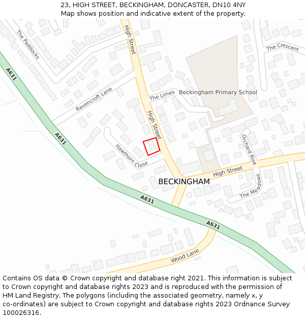 23, HIGH STREET, BECKINGHAM, DONCASTER, DN10 4NY: Location map and indicative extent of plot