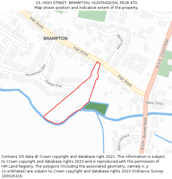 23, HIGH STREET, BRAMPTON, HUNTINGDON, PE28 4TG: Location map and indicative extent of plot