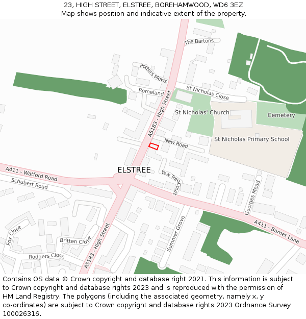 23, HIGH STREET, ELSTREE, BOREHAMWOOD, WD6 3EZ: Location map and indicative extent of plot
