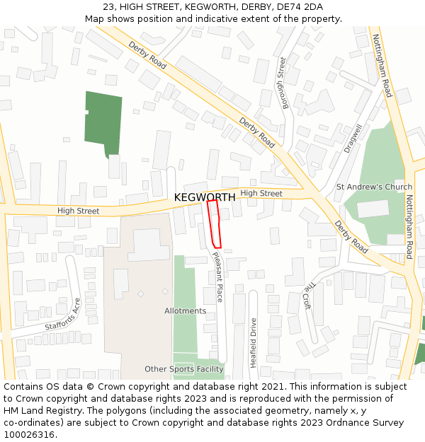 23, HIGH STREET, KEGWORTH, DERBY, DE74 2DA: Location map and indicative extent of plot