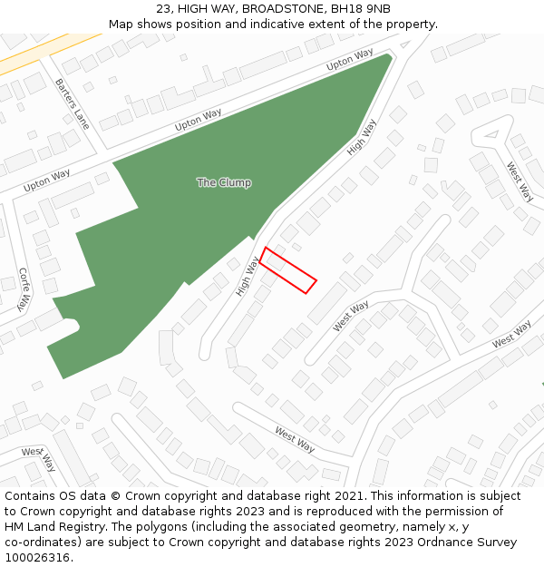 23, HIGH WAY, BROADSTONE, BH18 9NB: Location map and indicative extent of plot