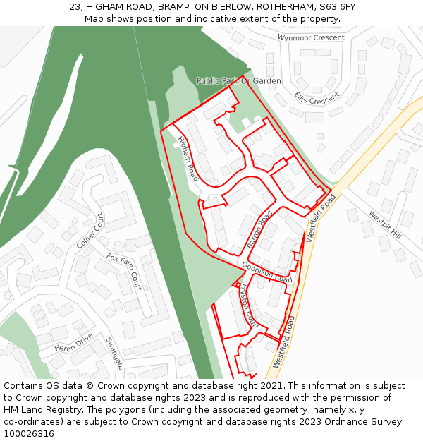 23, HIGHAM ROAD, BRAMPTON BIERLOW, ROTHERHAM, S63 6FY: Location map and indicative extent of plot