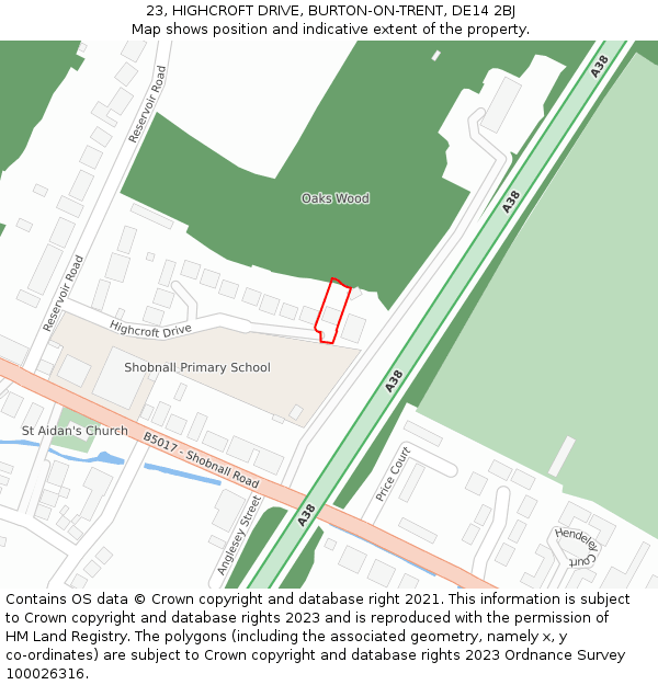 23, HIGHCROFT DRIVE, BURTON-ON-TRENT, DE14 2BJ: Location map and indicative extent of plot