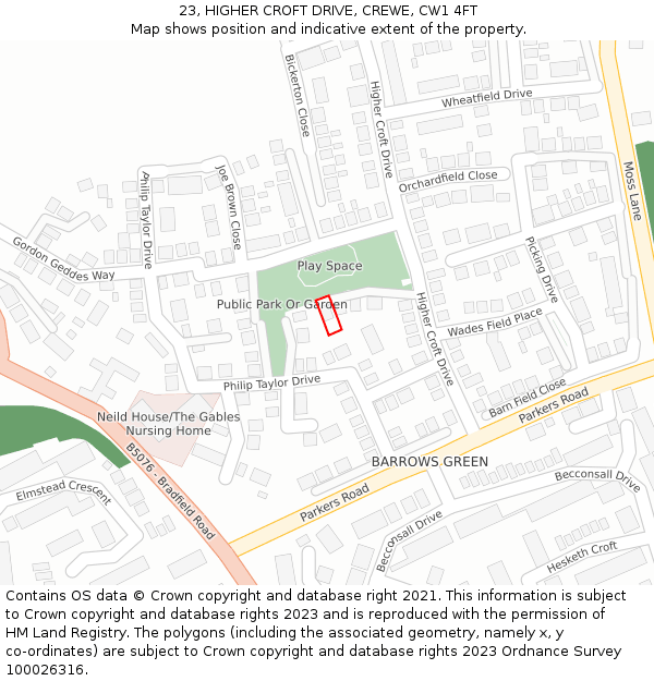 23, HIGHER CROFT DRIVE, CREWE, CW1 4FT: Location map and indicative extent of plot