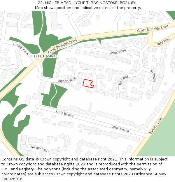 23, HIGHER MEAD, LYCHPIT, BASINGSTOKE, RG24 8YL: Location map and indicative extent of plot