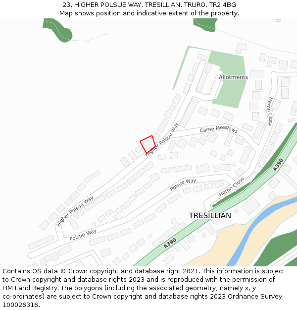 23, HIGHER POLSUE WAY, TRESILLIAN, TRURO, TR2 4BG: Location map and indicative extent of plot