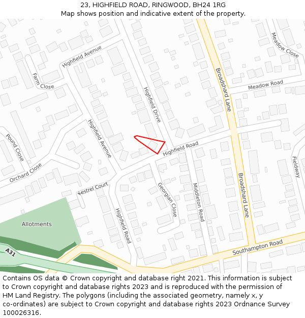 23, HIGHFIELD ROAD, RINGWOOD, BH24 1RG: Location map and indicative extent of plot